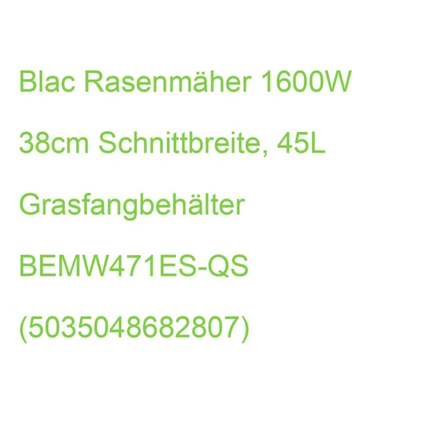 Blac Rasenmäher 1600W 38cm Schnittbreite, 45L Grasfangbehälter BEMW471ES-QS (503