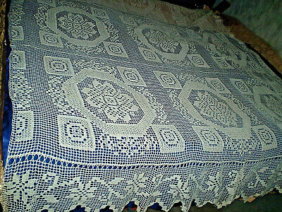 Antique old 1930s Vintage Hand Knitted Crochet Cotton Tableclotn one  pillow