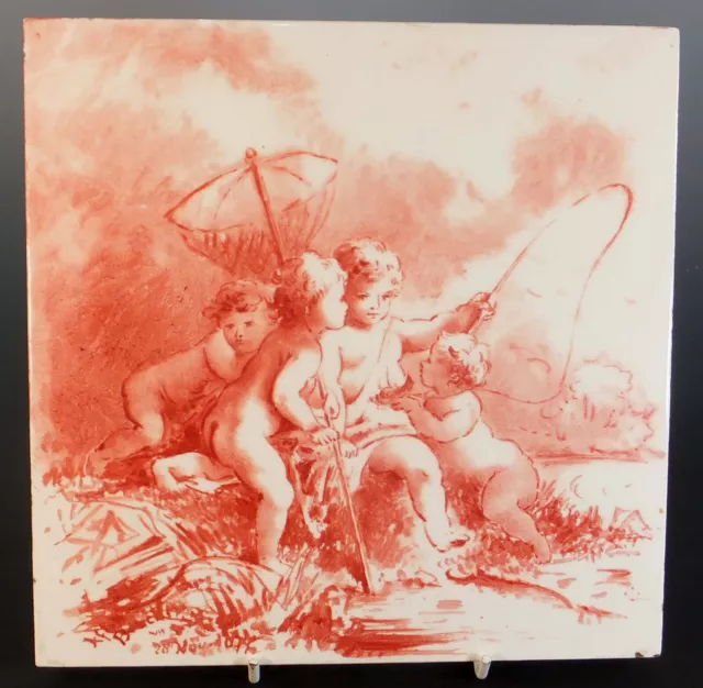 CHARMING RARE 19th. CENTURY HAND PAINTED MINTON 8" TILE after F. BOUCHER - 1879