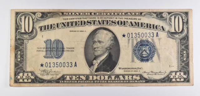 1934-A Star Note $10 Silver Certificate Blue Seal *6482