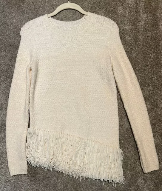 Theory Hudina Ivory Crewneck Sweater W/Asymmetrical Fringe Hem Size P/S