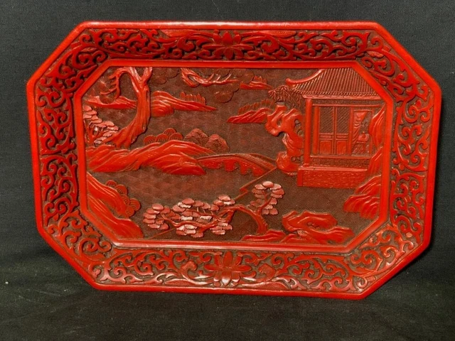 Vintage Lacquered Wood And Cinnabar Hand Carved Tray Serving Asian Style