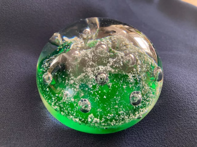 Glass Art Paperweight Green frosted base with rising bubbles on stalks.