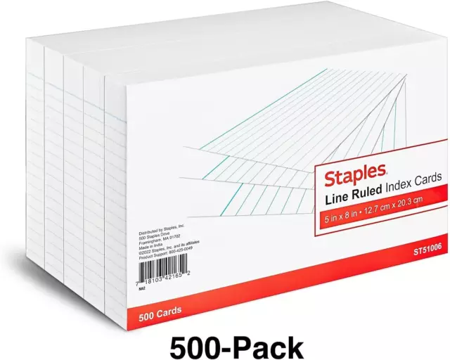 Staples 233478 Line Ruled White Index Cards 5" X 8" 500/Pack (51006) 3