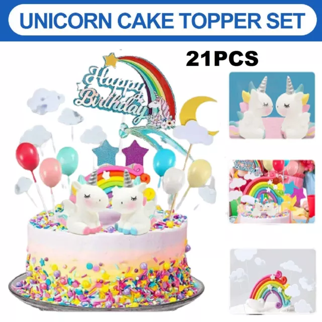 21Pcs Unicorn Cake Topper Kit Cloud Rainbow Happy Birthday Banner Decoration