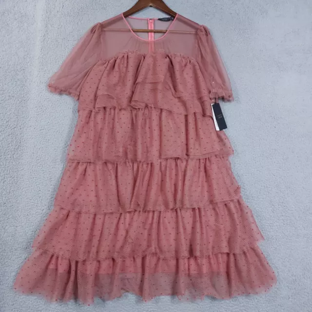 Halogen X Atlantic Pacific Dress Womens XL Pink Mauve Polka-Dot Tiered Mesh NWT