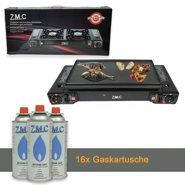 2 flammig Campingkocher Outdoor Camping Gas Kocher Grillplatte +16x Gaskartusche
