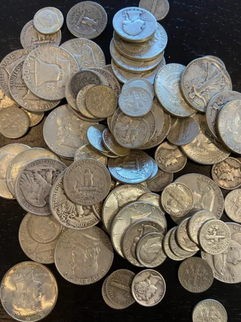 $5.00 Face Value 90% Silver Junk US Coins- Half Dollars, Quarters, Dimes- $115.