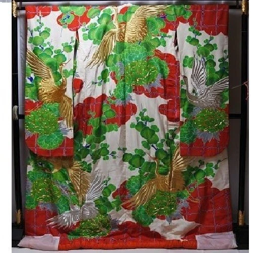 Giapponese Kimono Seta Uchikake Vintage Splendido Matrimonio Oro Argento Gru