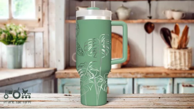 Monstera 40 oz Tumbler with Handle, Lid, Straw, Laser Engraved Tumbler,  Double