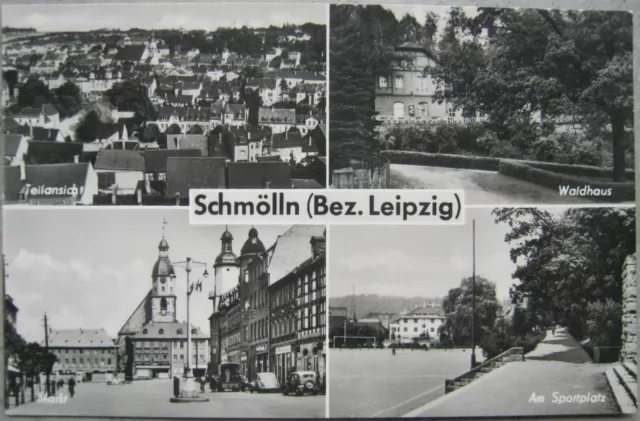 AK Schmölln Bez. Leipzig - Teilansicht mit Markt, Waldhaus, Sportplatz -1961 gel