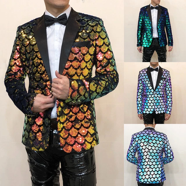 Veste Costume Homme Paillettes Multicolore - Blazer Long Scène Déguisement Neuf