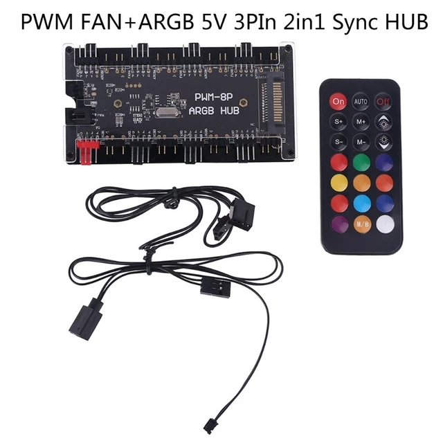 PWM FAN+ARGB 5V 3PIN 2 in 1 Sync Hub Splitter 5V 3PIN RGB for  Fan Hub Adapt