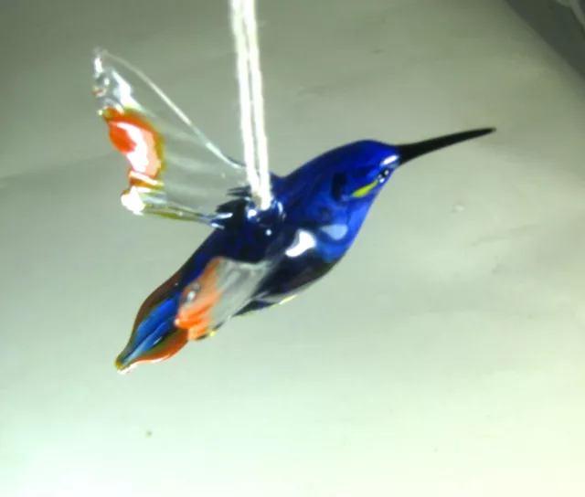 blown glass bird hummingbird hanging murano style figurine ornament blue L-3.2"