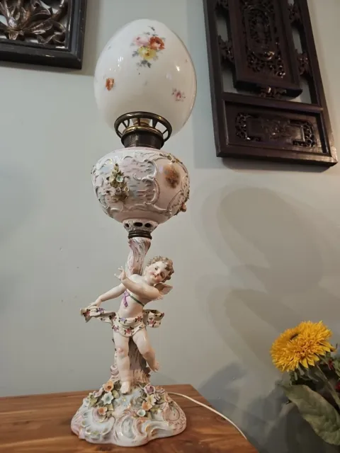 Antique B&H Bradley Hubbard Dresden Porcelain Cherub Banquet Oil Lamp/elect 28”