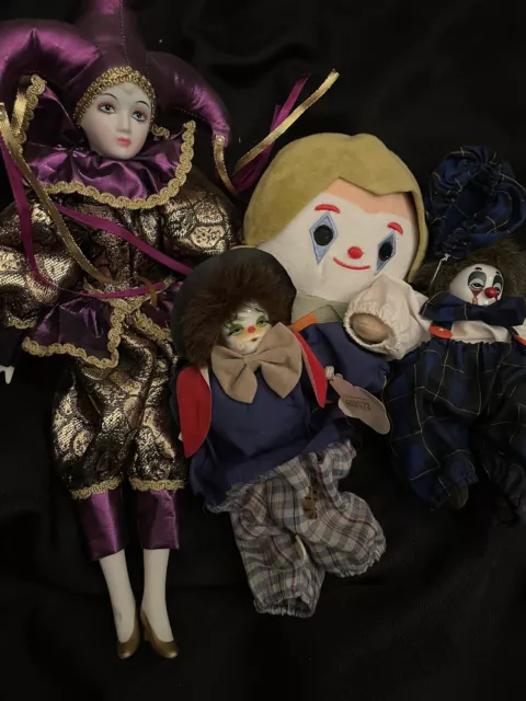 Porcelain + Plush Jester, Joker And Clown Doll Lot