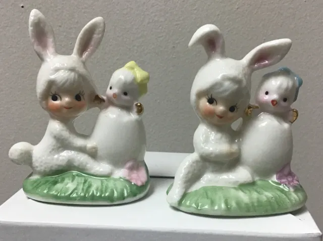 Vintage Relpo Anthropomorphic Bunny Rabbit Pixie Easter Chick In Egg Taiwan