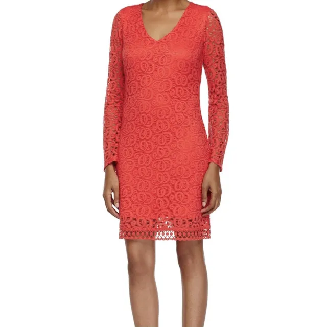 NWT Laundry by Shelli Segal Long Sleeve Lace Shift Dress Hibiscus Size 8