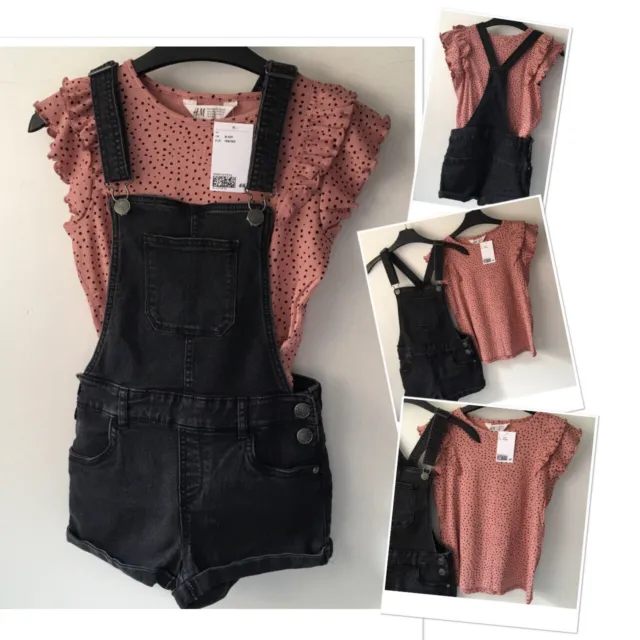New Girls Black Wash Dungarees Shorts & new H&M ribbed flutter sleeve top 9-10