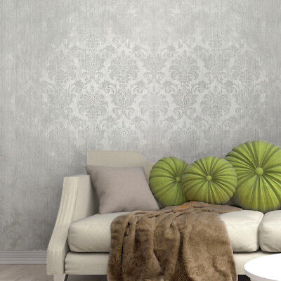Non woven Wallpaper roll white gray silver Metallic textured Victorian damask 3D