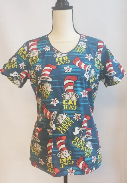 DR. SEUSS CHEROKEE Scrub Top Cat in the Hat Style TF614 V-Neck Women's ...
