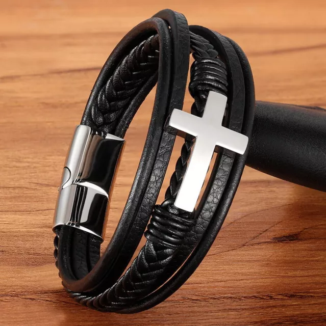 Cross Multi Layer Stainless Steel Fashion Men's Leather Bracelet Classic Gift