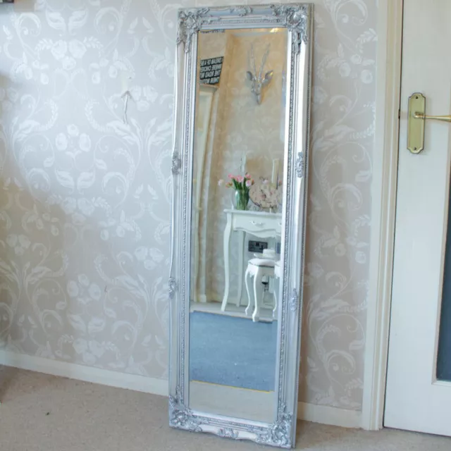 Tall slim silver wall mirror shabby vintage chic French ornate bedroom hallway