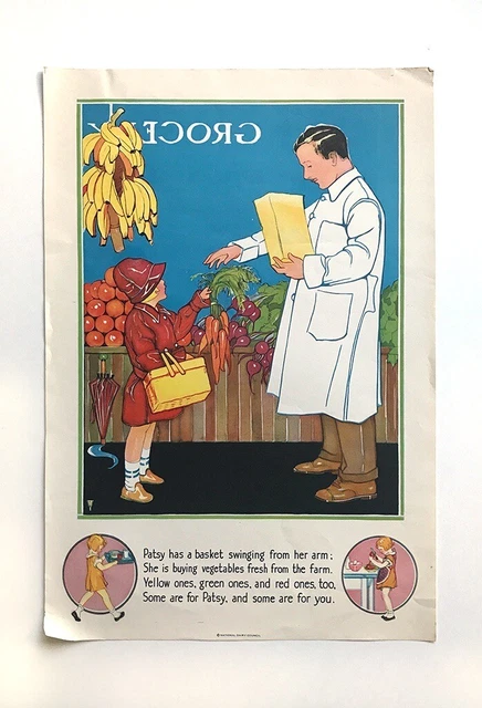 NATIONAL DAIRY COUNCIL Milk 1930 GIRL SHOPPING VEGETABLES Nursery Rhyme POSTER