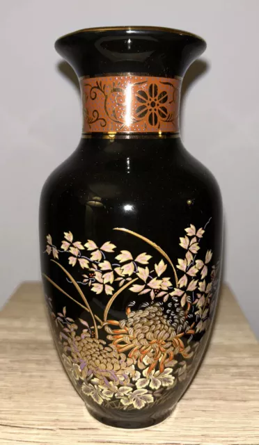 Stunning Vintage Shibata Japanese Hand Painted Black Gold Vase Porcelain 16cm