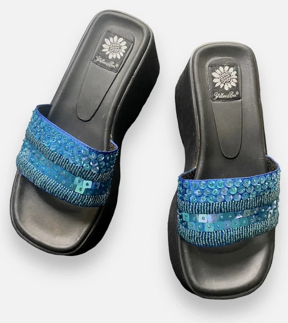 NWOB Yellow Box Kara Blue Sequined And Beaded Slides Sandals Flip Flops Size 7.5 NWOB Yellow Box Kara Blue Sequined And Beaded Slides Sandals Flip Flops Size 7.5