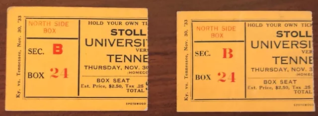 Nov 30, 1933 Kentucky Wildcats Vs Tennessee Stoll Field McLean Stadium Tickets