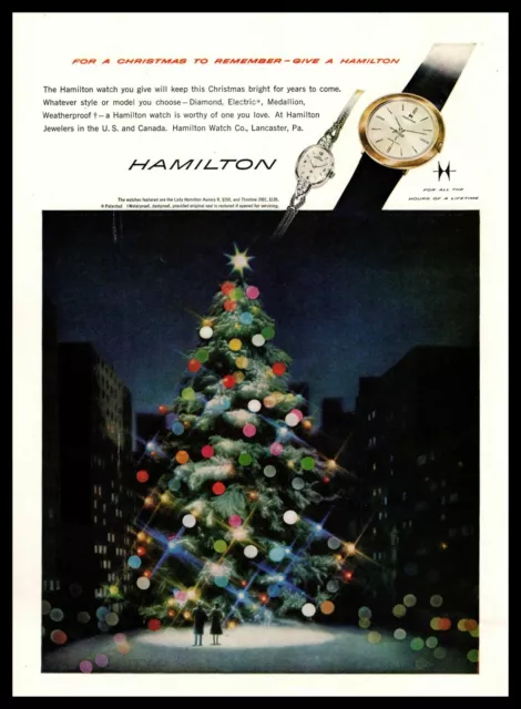 1960 Hamilton Diamond Watch Lancaster PA Christmas Tree Ice Skate Rink Print Ad