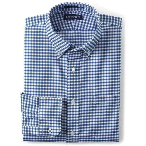 LANDS END Men's No Iron Supima Cotton Long Sleeve Button Casual Shirt Blue Check