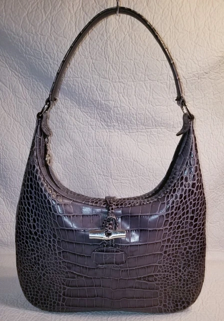 LONGCHAMP Gray Croc Embossed Leather Shoulder Bag Handbag Purse 2