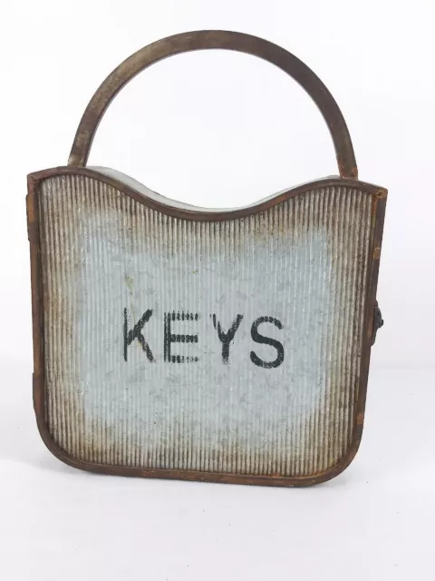 Rusty Tin Key Holder Wall Mounted Padlock Shape Corrugated Farmhouse Country