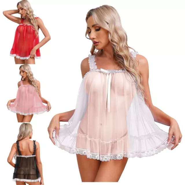 DE Damen Durchsichtig Hemd Spitze Netz Dessous Nachtwäsche Babydoll Reizwäsche