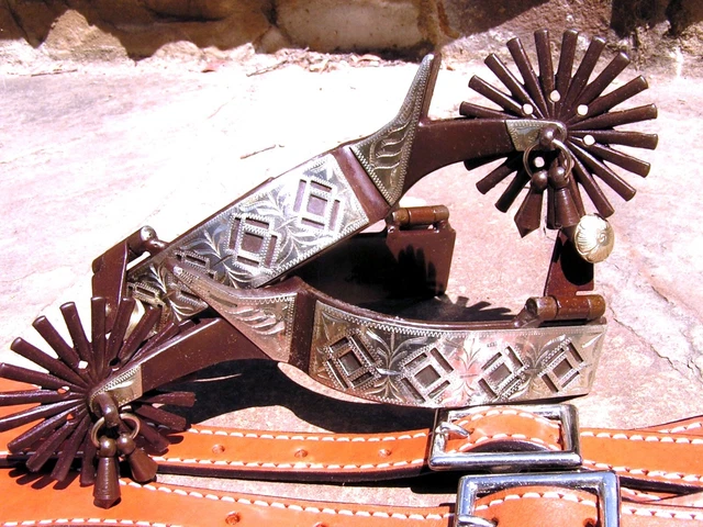 Men's show spurs with Jingle Bobs and western diamond design WITH leather straps