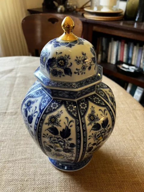 Blue And White and Yellow Porcelain Chinoiserie Ginger Jar 12" Tall Vintage