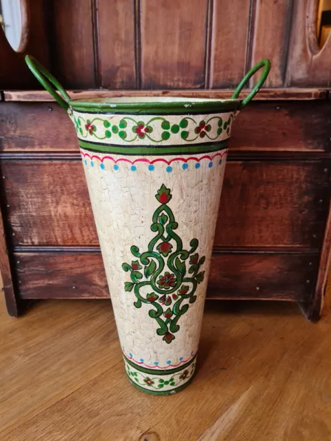 Vintage Indian Hand Painted Metal Bucket / Umbrella Stand Jaipur 1960's Cream