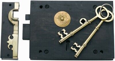 large right hand 7",iron and brass  carpenter rim lock & keeper & 2 keys 2006