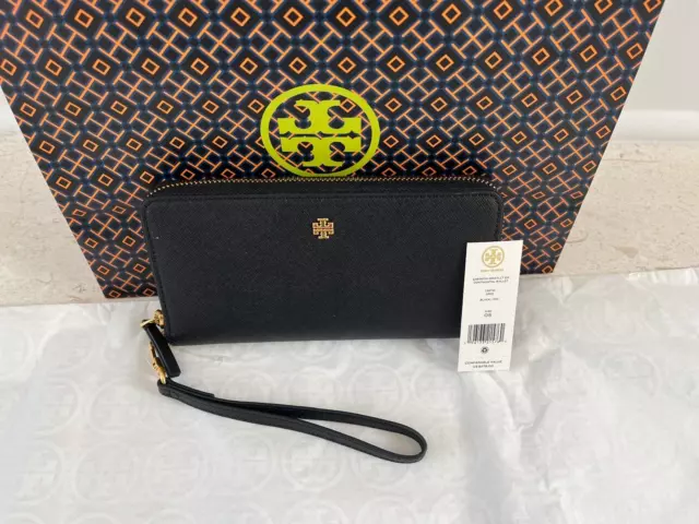 NWT TORY BURCH EMERSON ZIP CONTINENTAL WRISTLET BLACK LEATHER WALLET Ret $278 2