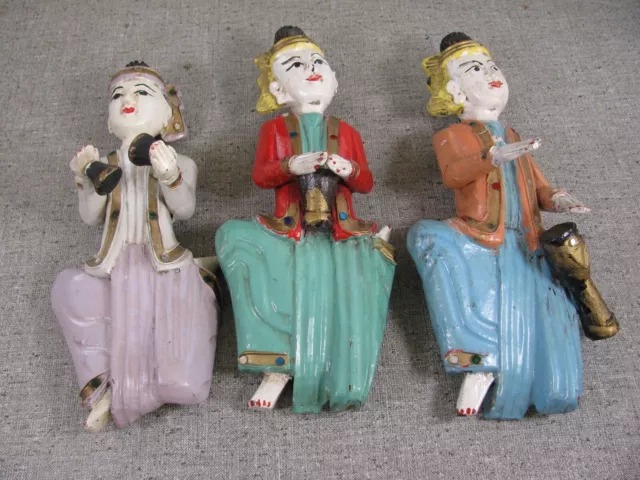 3 Hand Carved Wooden Burmese Polychrome Temple Musician Figurine Wall Hanging