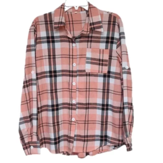 Plaid flannel shirt, pink and black, size large