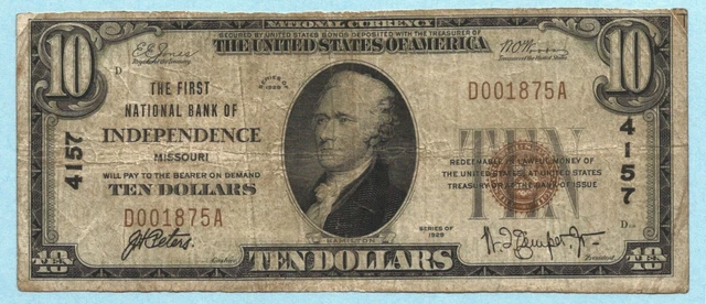$10 National Currency 1929 - Type 1 - Ch#4157 - 1st NB, Independence, MO - VF