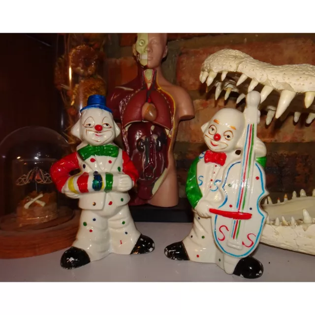 Vintage Two Ceramic Clowns Playing Instruments cello accordion oddity creepy