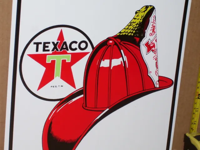 TEXACO Fire-Chief - GAS OIL -BIG TIN PUMP SIGN -Made in USA -Show Fireman Helmet