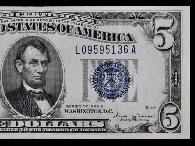 $5 1934B AU blue seal Silver Certificate L09595136A Series B, five dollar