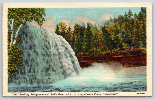 Michigan~Rushing Tahquamenon Falls From Longfellows Hiawatha~1939 Linen Postcard