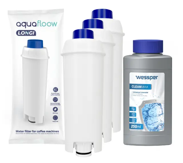 3x Filtres à eau DLSC002, compatible avec Delonghi ECAM et détartrant 250 ml