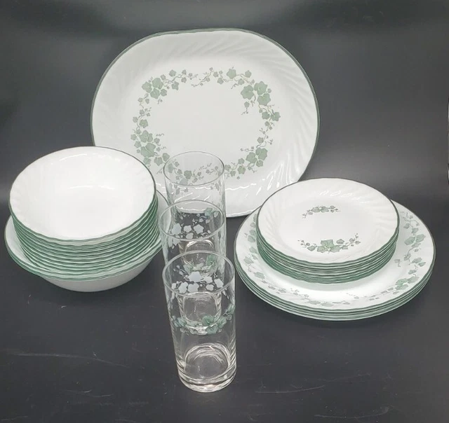 29 pc Vintage Corelle Callaway Green Ivy Swirl Plates Platter Glasses Bowls LOT